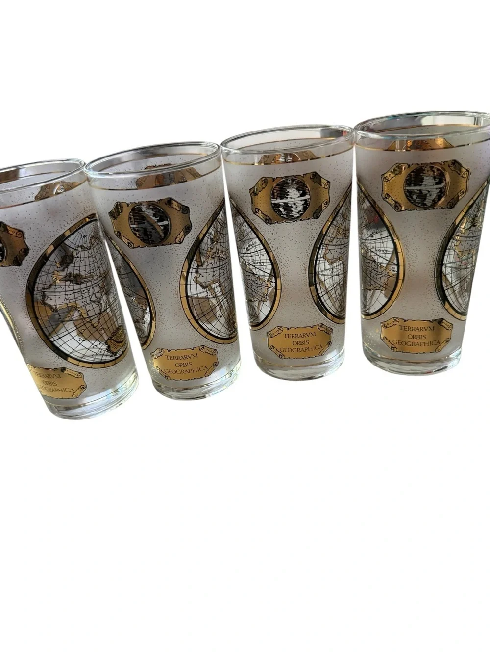 Vintage Cera High Ball Glasses 22k Gold Terrarvm Orbis Geographica World Map
